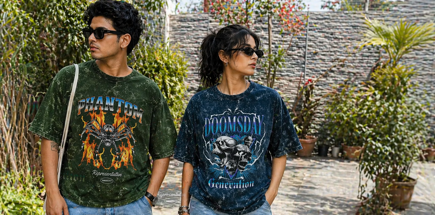 Two people wearing graphic acid wash t-shirts standing outdoors with plants and a stone wall in the background.