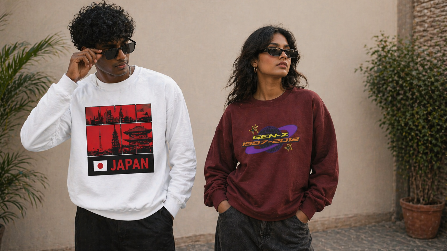Two people wearing sweatshirts with graphic designs outdoors.
