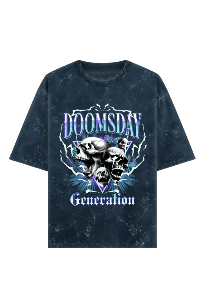 Doomsday Generation Unisex Acid Wash Oversized Tee - Navy Blue - Sewra