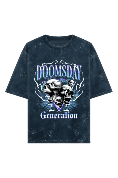Doomsday Generation Unisex Acid Wash Oversized Tee - Navy Blue - Sewra