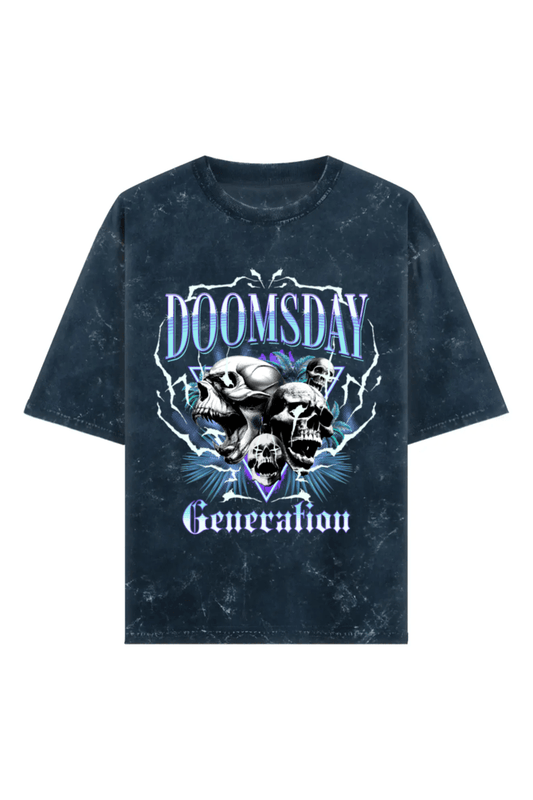 Doomsday Generation Unisex Acid Wash Oversized Tee - Navy Blue - Sewra